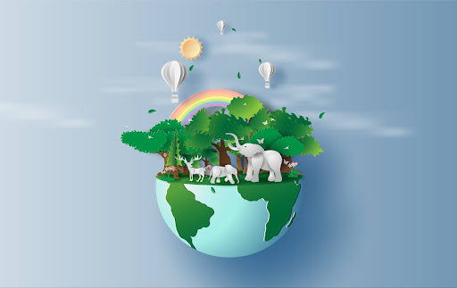 A graphic of the world that includes trees, animals, hot air balloons