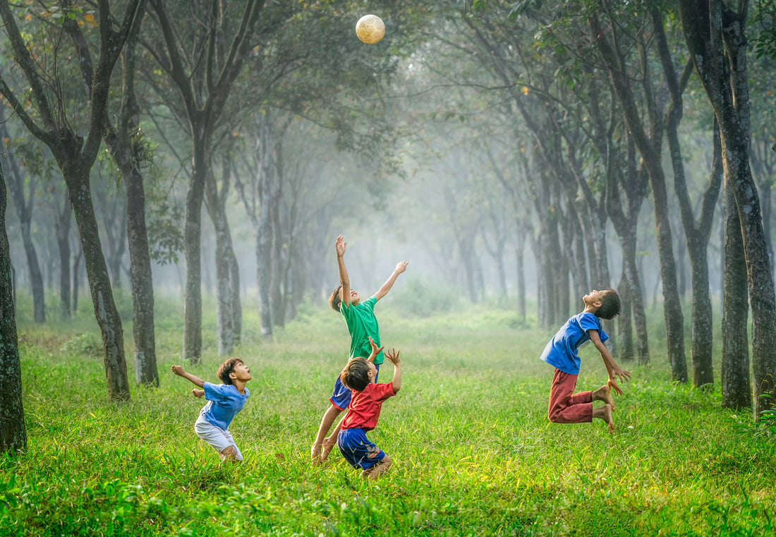 4 Kids playing in a park with a football